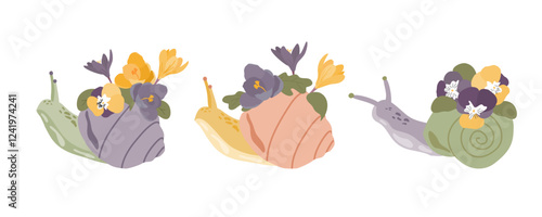 Set of colorful snails with bouquet of violet and yellow flowers like crocus and pansies. Clipart of spring cochleas with shells crawling 