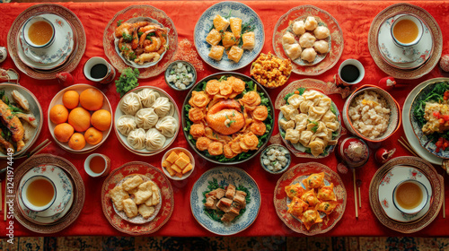 Banquet of traditional Chinese dishes for Lunar New Year, top view photo