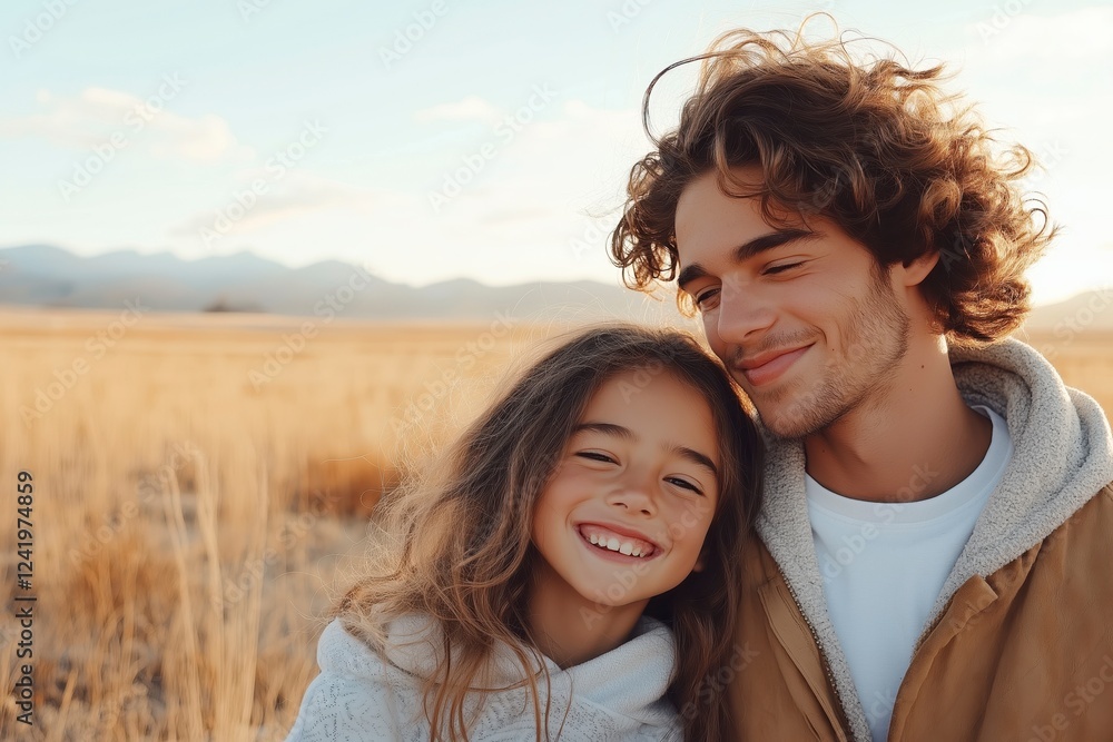 Joyful moments shared between a father and daughter in a golden grassland during a sunny day at sunset. Generative AI Joyful moments shared between a father and daughter in a golden grassland during a sunny day at sunset. Generative AI