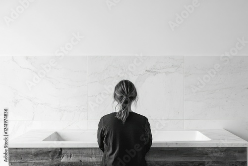 A woman with her back turned sits before a minimalist marble bathtub. photo