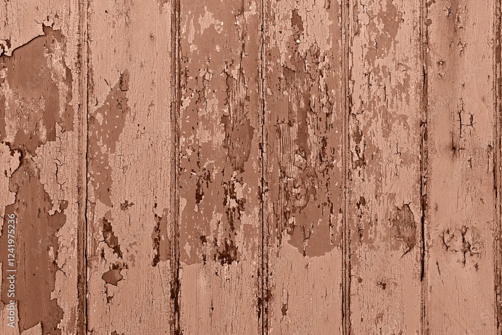 Fototapeta premium Closeup of distressed wooden wall with peeling paint in a monochromatic mocha mousse tone, showcasing rustic textures and aged charm