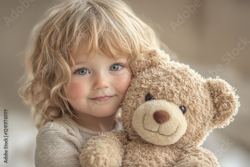 Young child cuddling a soft teddy bear indoors with a warm expression and soft lighting, capturing a moment of comfort and joy photo