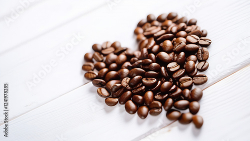 Brown roasted coffee beans in form of heart on white wooden table