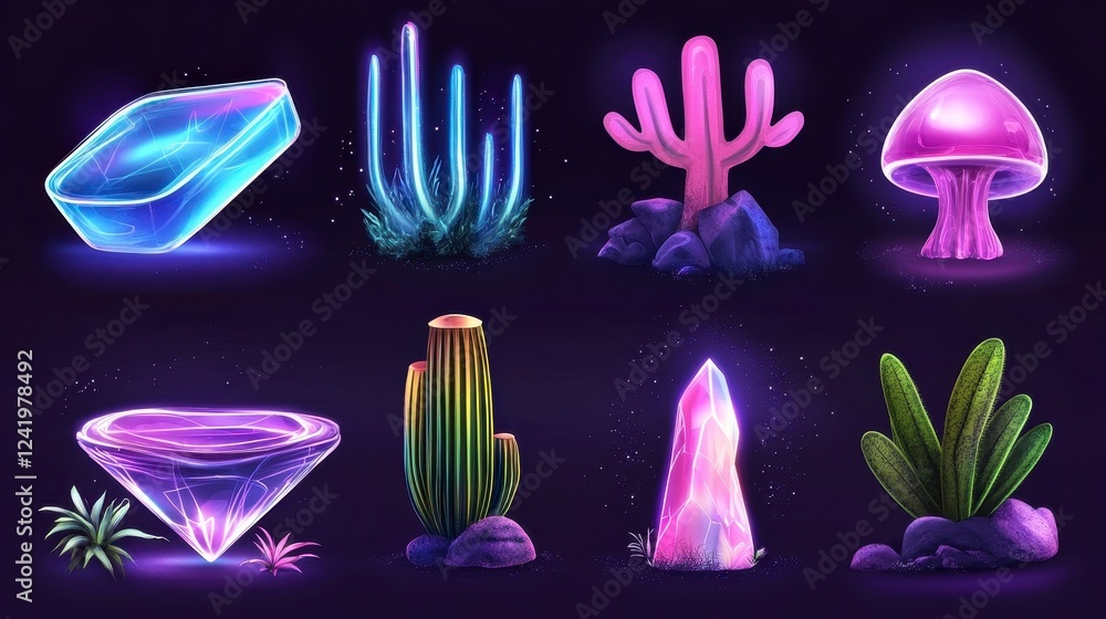 Colorful Neon Crystals and Plants in a Dark Magical Background Colorful Neon Crystals and Plants in a Dark Magical Background
