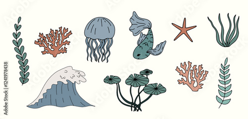 Retro cartoon undersea world icon set
