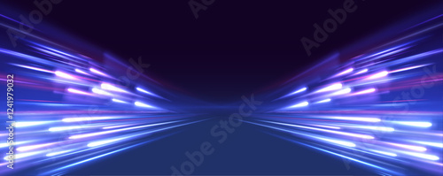 Panoramic high speed technology concept, light abstract background. Image of speed motion on the road. Vibrant streaks of neon blue and pink color against a black background.