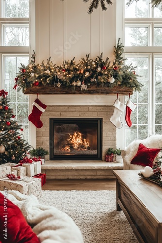 Cozy winter evening by the fireplace with festive decor and holiday spirit in a beautifully decorated living room. Generative AI