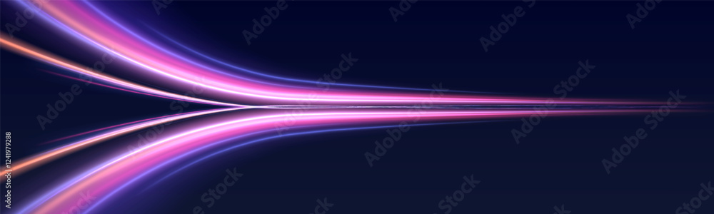 Naklejka premium Light trail wave, fire path trace line, car lights, optic fiber and incandescence curve twirl. Neon color glowing lines background, high-speed light trails effect. 