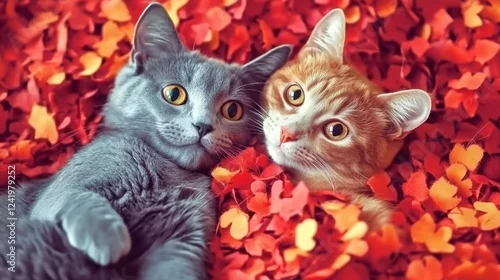 Obraz Dwa zakochane koty i czerwone serce na walentynki