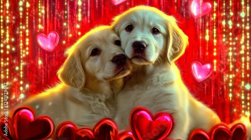 Obraz Dwa zakochane psy i czerwone serce na walentynki