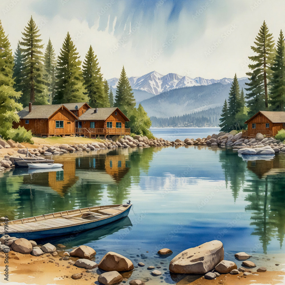 Fototapeta premium watercolor illustration of Incline Village, Nevada, nestled on the north shore of Lake Tahoe