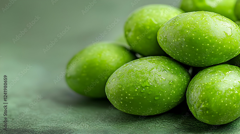 Fresh green olives on dark surface, close-up. Food advertising Fresh green olives on dark surface, close-up. Food advertising
