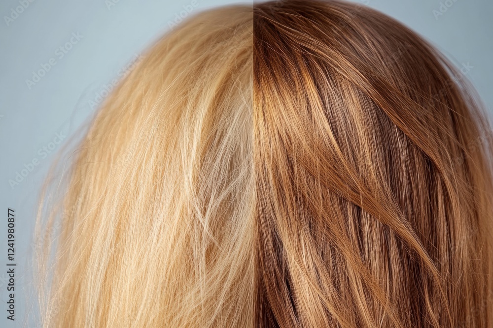 Comparison of damaged hair strands versus shiny healthy hair strands under natural light. Generative AI Comparison of damaged hair strands versus shiny healthy hair strands under natural light. Generative AI