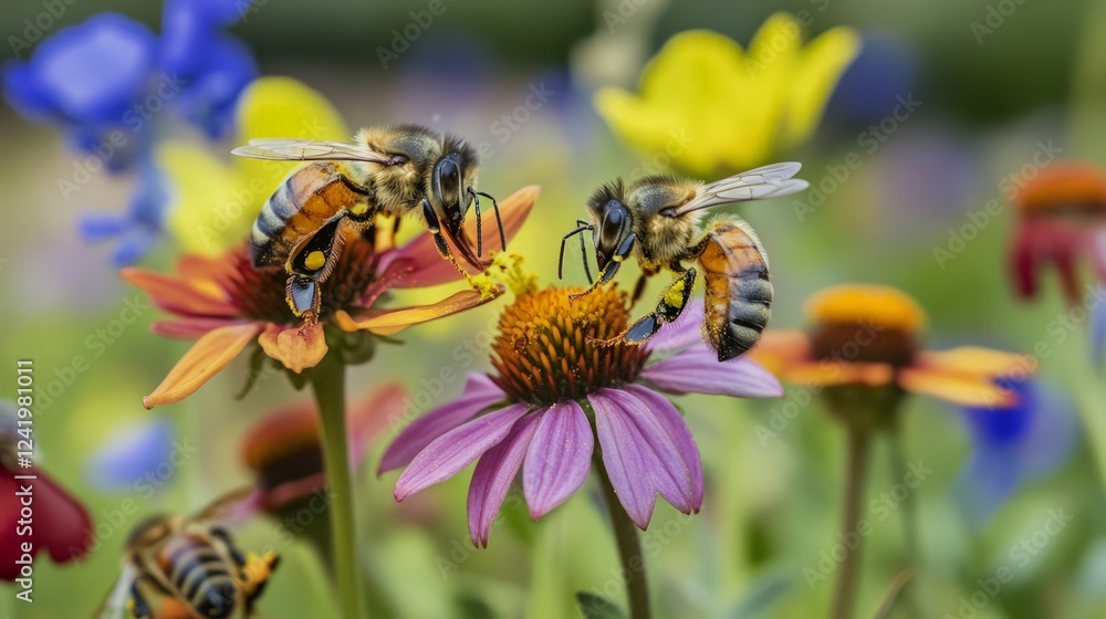 Bees Pollinating Colorful Flowers in a Vibrant Garden Scene Bees Pollinating Colorful Flowers in a Vibrant Garden Scene