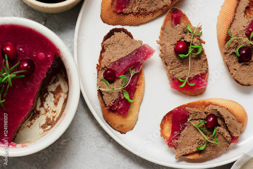 Chicken Liver pate with ctanberry jelly and croutons.top veiw .style hugge. photo