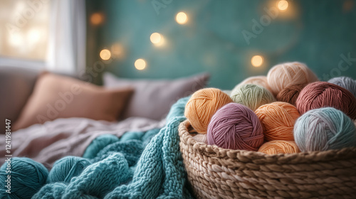 knitting corner with an overflowing basket of balls of yarn in soft pastel colors, surrounded by warm lighting