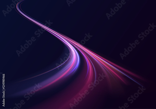 Low-poly construction of fine lines. Abstract long exposure dynamic speed light trails background. Bright glowing line of new technologies on dark background in neon colors.	