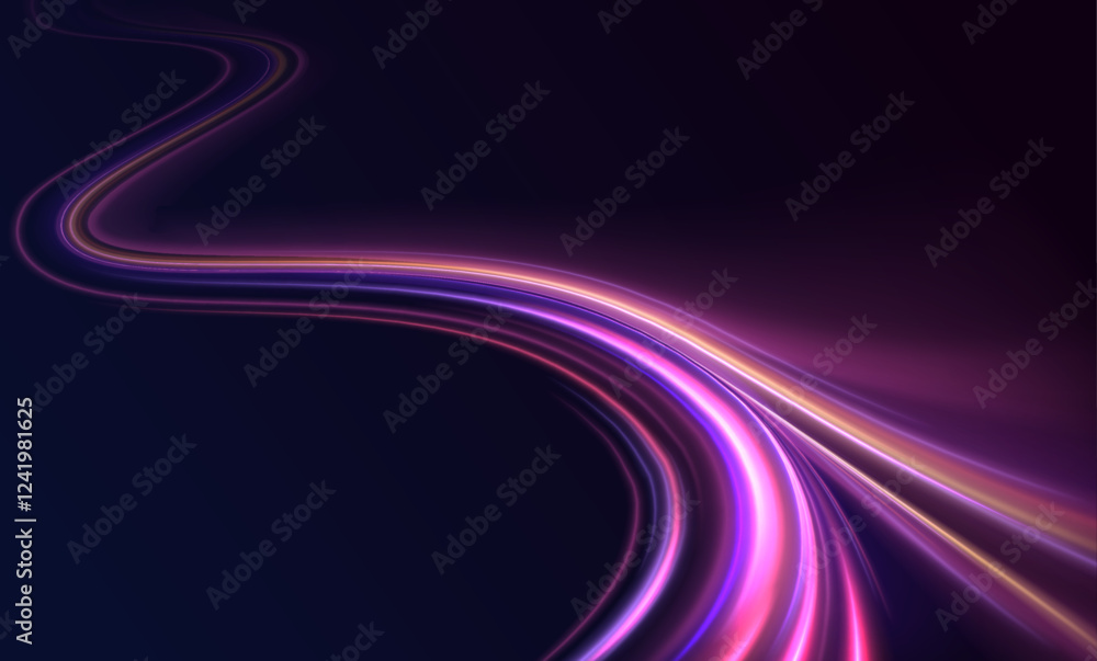 Lines in the shape of a comet against a dark background. Vortex streams of neon light. Glitter sparkle star trail, light effect, abstract waves flow vector illustration.
Lines in the shape of a comet against a dark background. Vortex streams of neon light. Glitter sparkle star trail, light effect, abstract waves flow vector illustration.