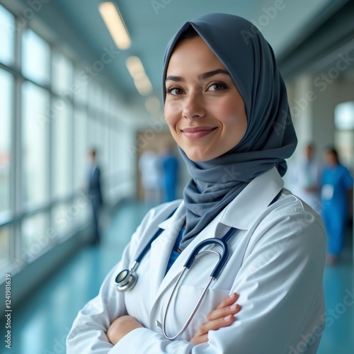 Healthcare Professional Standing in Hospital Hallway with Blurred Face and Headscarf m7Gp1x