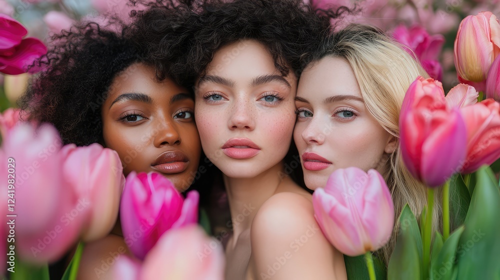 Fototapeta premium Diverse Women Surrounded by Colorful Tulips - Exuding Beauty and Warmth in a Soft Pink Setting