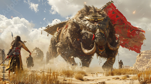Gigantic creature in a game scenario fighting a hero character.