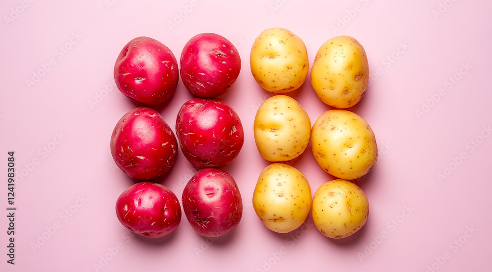 Colorful arrangement of red and yellow potatoes on a soft pink background showcases the beauty of fresh produce in a minimalistic style Colorful arrangement of red and yellow potatoes on a soft pink background showcases the beauty of fresh produce in a minimalistic style