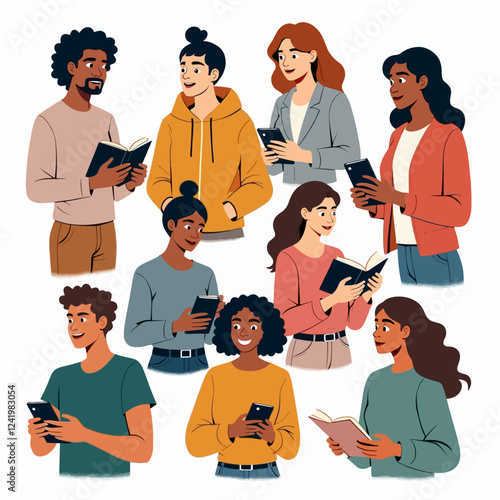 Young happy people, men and women, minding their own business, playing on the phone, reading a book, Trend vector illustration.