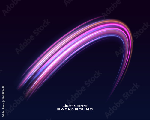 Abstract image of speed motion on the road. Dark blue abstract background with ultraviolet neon glow, blurry light lines, waves. Expressway, car headlight effect.	
