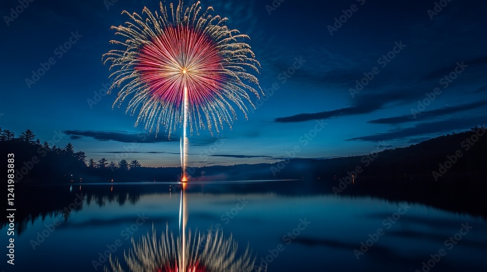 Stunning Firework Display Over Calm Lake at Night Sky Reflection Stunning Firework Display Over Calm Lake at Night Sky Reflection