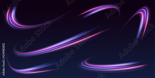 Set of neon speed lines on transparent background. Vortex streams of neon light. Abstract vector fire circles, sparkling swirls and energy light spiral frames.	