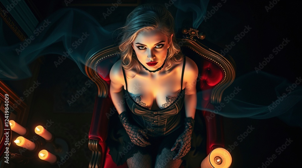 Obraz premium Gothic pin-up girl in black corset and lace gloves sitting on velvet chair in candlelit Victorian mansion, dark lighting