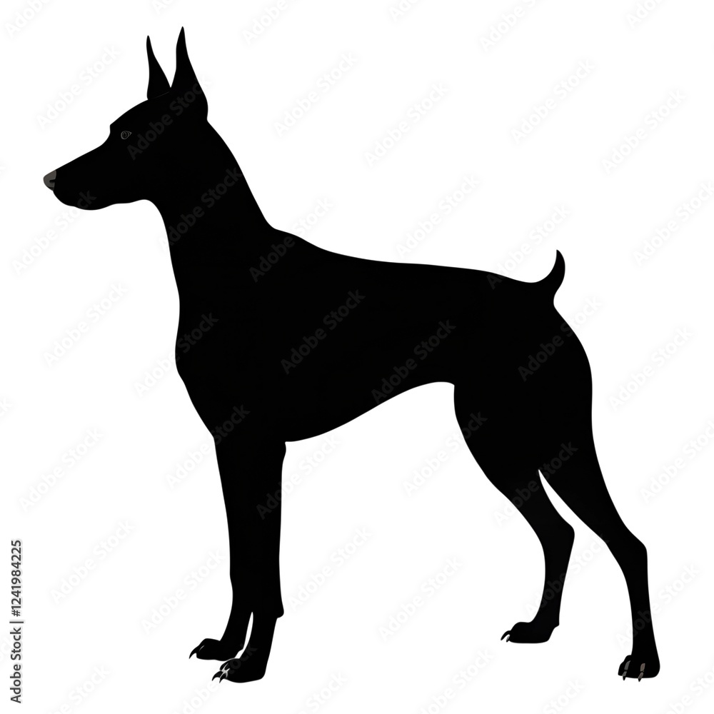 Black silhouette of Doberman Pinscher standing against white background Black silhouette of Doberman Pinscher standing against white background