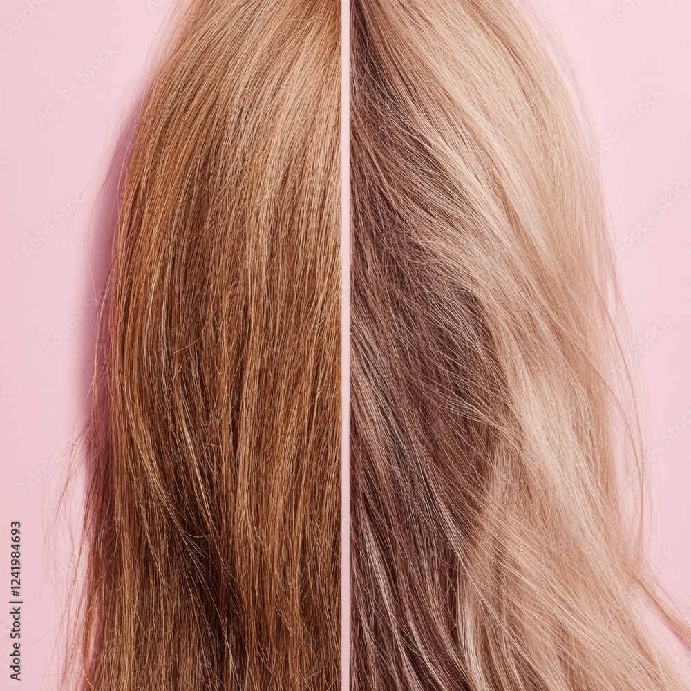 Comparison of damaged dull hair versus shiny healthy hair strands showcasing visible differences in texture and appearance. Generative AI Comparison of damaged dull hair versus shiny healthy hair strands showcasing visible differences in texture and appearance. Generative AI