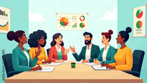 Business Planning concept. Vector illustration in flat style of a group of diverse business people having a discussion at a table with graphs in the background.