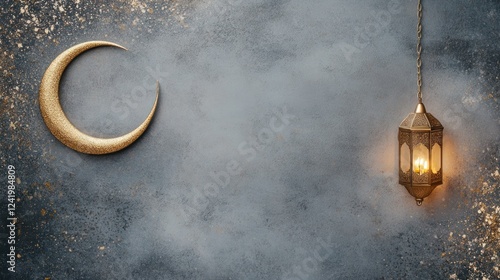 ramadan golden crescent moon and lantern on dark background