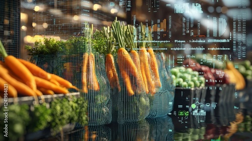 Green beans, carrots, and pears in eco-friendly bags with vibrant colors, rendered in a high-detail 3D model, surrounded by digital holographic market data floating in the air photo