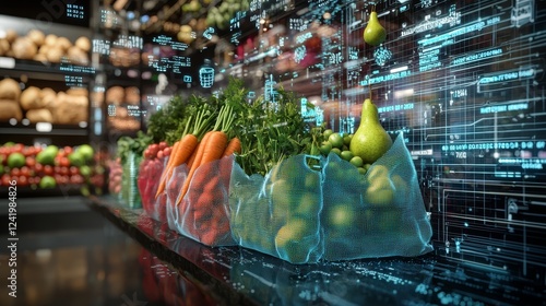 Green beans, carrots, and pears in eco-friendly bags with vibrant colors, rendered in a high-detail 3D model, surrounded by digital holographic market data floating in the air photo