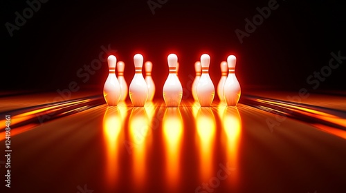 A striking close-up of a bowling alley featuring ten white pins at the end of the lane, their symmetry highlighted by a shadowed, vibrant setting photo