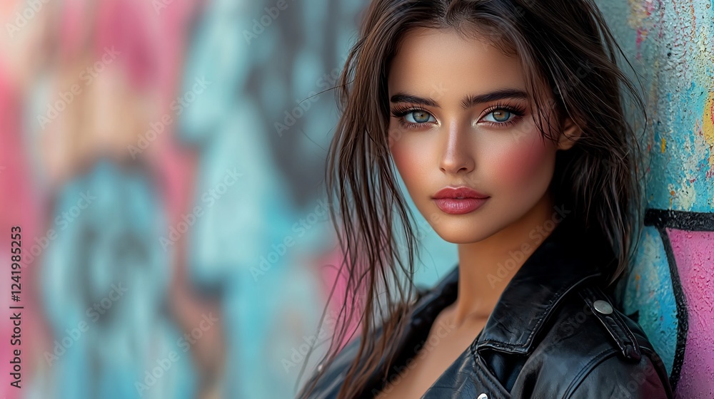 Portrait of a young woman with striking features against a vibrant graffiti wall, exuding confidence Portrait of a young woman with striking features against a vibrant graffiti wall, exuding confidence
