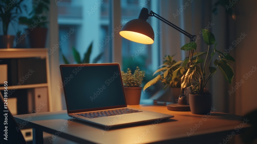 Fototapeta premium Home Office with LED Desk Lamp and Laptop in Eco-Mode