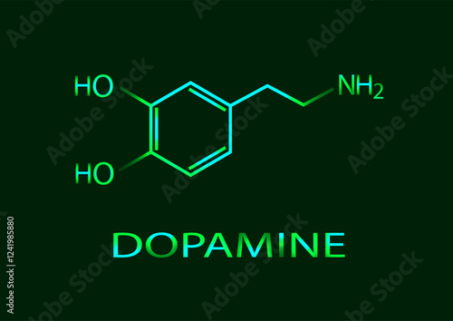 The chemical formula of dopamine. A neon illustration glowing with green light. Vector EPS 10