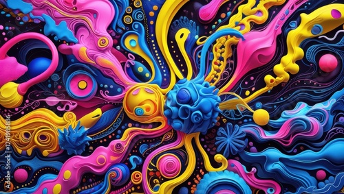 a vibrant, abstract artwork that embodies creativity and imagination, featuring a kaleidoscope of bold, clashing colors such as neon pink, electric blue, and sunshine yellow, with intricate,