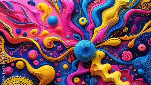 a vibrant, abstract artwork that embodies creativity and imagination, featuring a kaleidoscope of bold, clashing colors such as neon pink, electric blue, and sunshine yellow, with intricate,