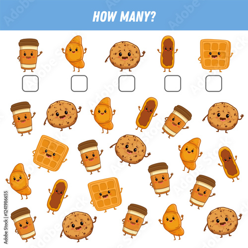 How many cartoon food are there. Count the number of funny fast food. Cartoon eclair, viennese waffle, croissant, cookie, cup of coffee. Math worksheet for kids. Vector illustration