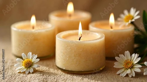 A close up of four candles with a vase of flowers in the background. The candles are lit and the flowers are yellow and white. Scene is warm and inviting, with the candles providing a cozy atmosphere