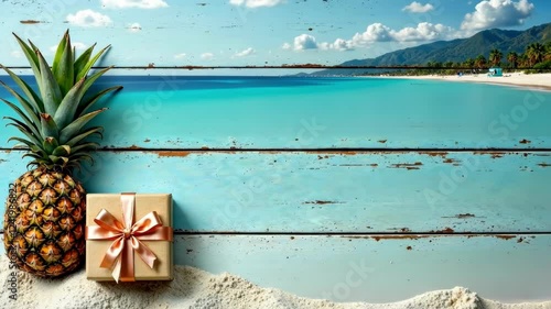 A pineapple and a box are on a beach. The box is wrapped in a ribbon and is placed on the sand. The scene is calm and relaxing, with the ocean in the background