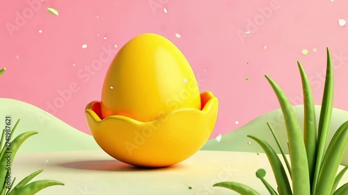 A yellow egg is sitting in a small bowl. The bowl is placed on a pink background. The image has a playful and whimsical mood, as the egg is not a real egg but a cartoon character