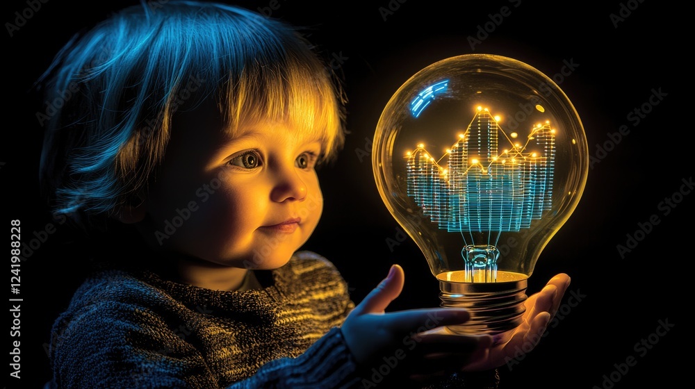 Naklejka premium Strategy business planning ideas for investment and financial. glowing light bulb with futuristic graphic icon in hand.