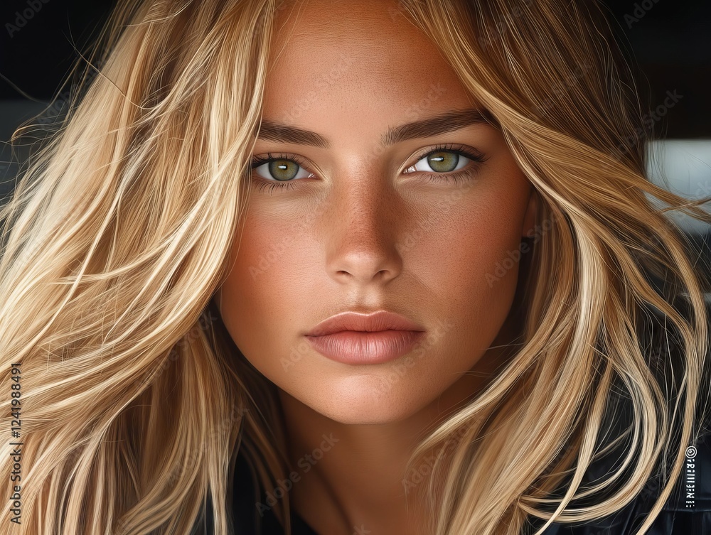 A close up of a woman with long blonde hair and green eyes A close up of a woman with long blonde hair and green eyes