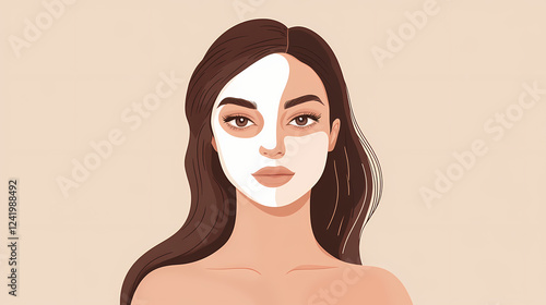 Young european woman posing on beige studio background, applying mask to half of her face and enjoying healthy pampering treatment. Mask & Disguise Themes. Illustration